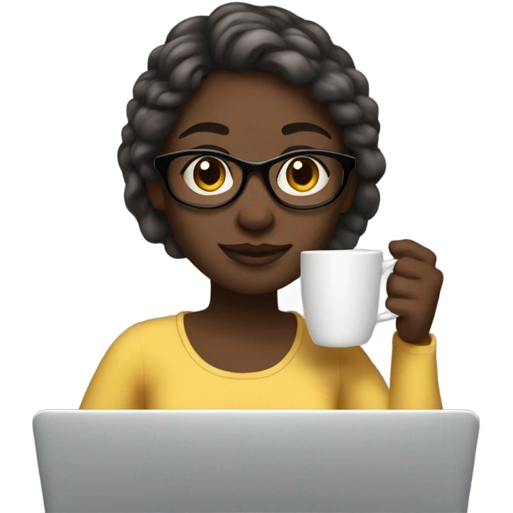 a clean girl drinking her hot coffee at in front of her laptop, she has black skin emoji