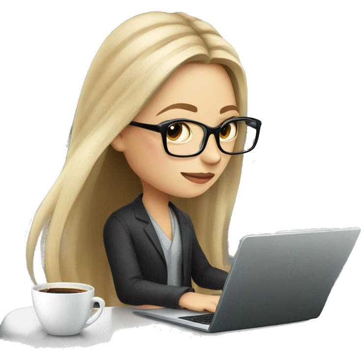 a long haired blond girl with black thick glasses using a laptop, drinking coffee and a grey cat emoji