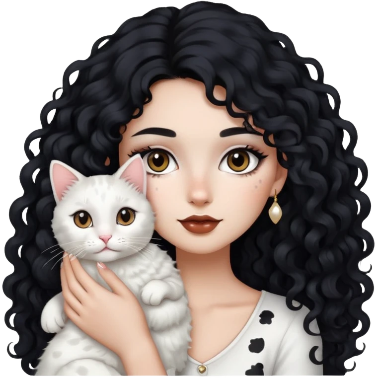 Girl with long curly black hair with makeup on holding a white cat with some brown and black spots  emoji