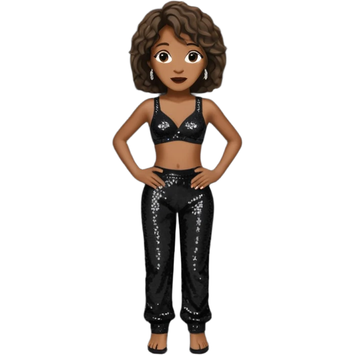 Whitney Houston with black sequin baggy bra, black sequin baggy pants emoji