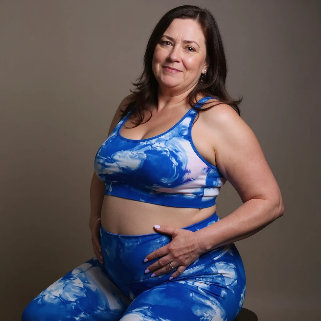 Realistic style woman in sportswear inspired by the reference photo, sitting with a curved back and hands on her bloated belly, showing discomfort, neutral background. emoji