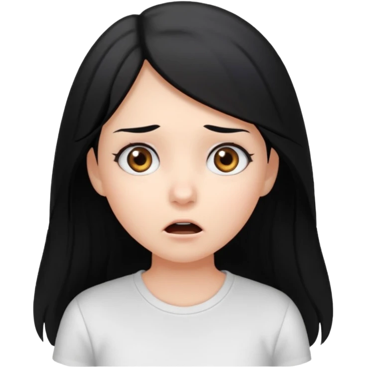 girl with long ash black hair, gray eyes, white shirt, surprised expression emoji