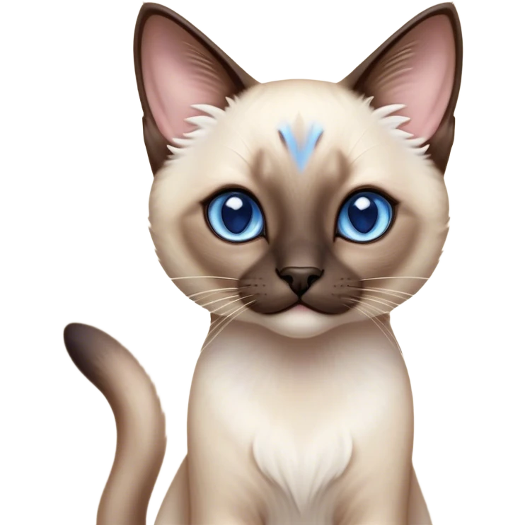 Cinematic Cute Siamese Cat Portrait Emoji, slender body, soft cream-colored fur with rich dark points on the ears, face, paws, and tail, big, sparkling sapphire-blue eyes, Simplified yet irresistibly adorable features, highly detailed, glowing with a warm, cozy glow, high shine, curious yet calm, stylized with a touch of whimsy, bright and endearing, soft glowing outline, capturing the essence of a mischievous yet lazy and loveable kitty, so cuddly it feels like it could waddle right out of the screen for a snuggle! emoji