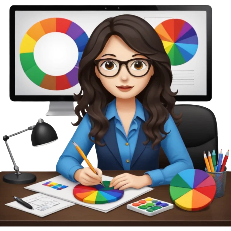 female dark wavy long hair graphic designer , holding color wheel , pens, papers, desktop emoji