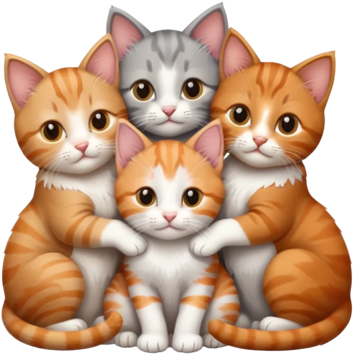 3 kittens cuddling together all different colours, the first one is grey and white, the second is ginger and white and the third is brown tabby and white emoji