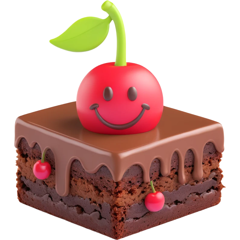 3D chocolate brownie with a smiley face, realistic depth, with a cherry on top, emoji style emoji
