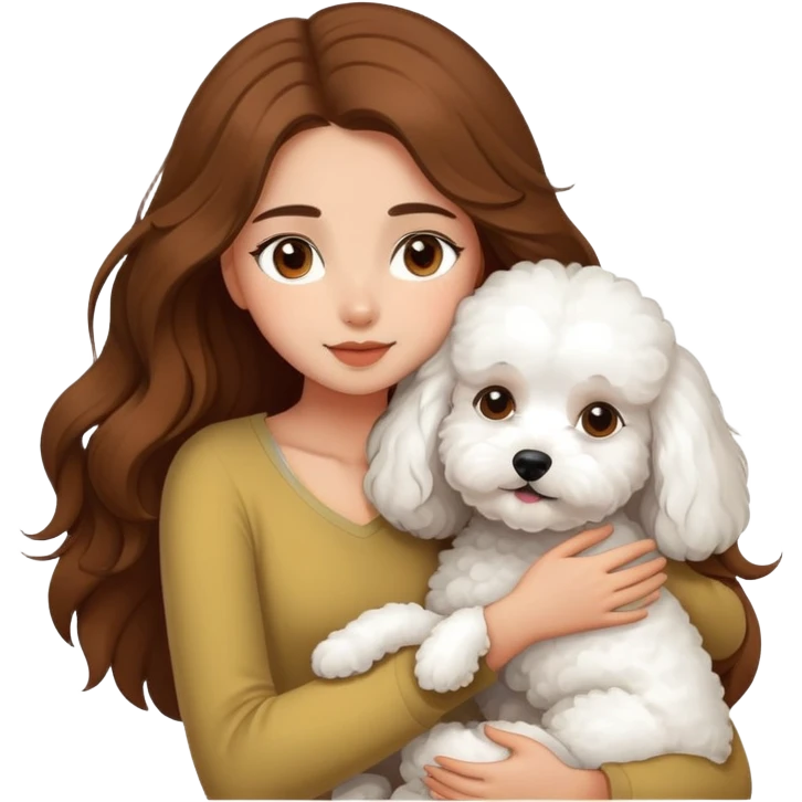 A beautiful olive skinned girl with long flowy brown hair, hugging a white bichon frise emoji