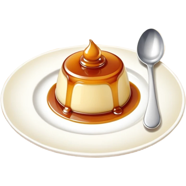 Cute Japanese style pudding with glossy caramel top, on a white plate with a silver spoon, checkered tablecloth background emoji