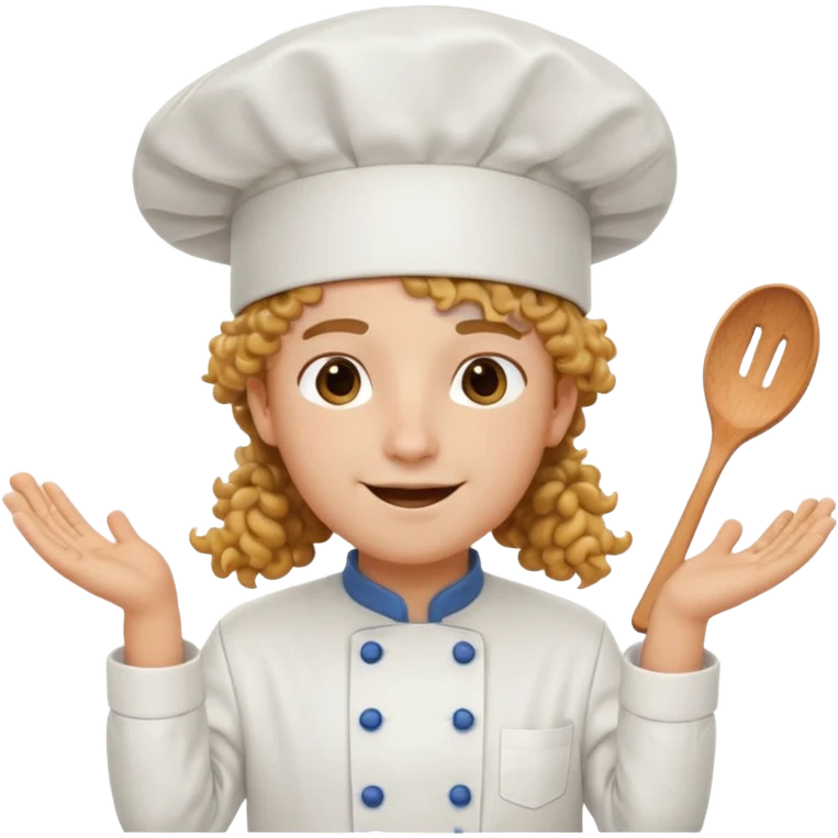 Long curly hair, happy, wearing chef uniform and chef hat emoji