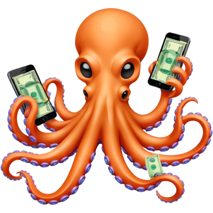 Intimidating octopus with pearl black skin, neon peach suction cups. Evil looking octopus is wearing a white face mask and thick gold necklace. 2 tentacles are holding their own cellphone, 2 more tentacles are holding stacks of money. emoji