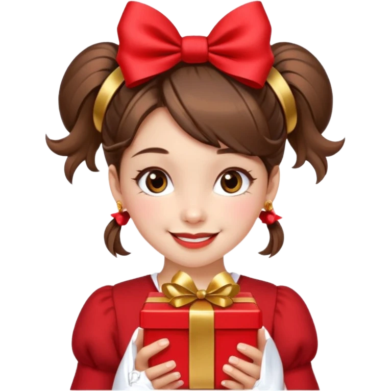 A cheerful young girl with brown hair styled in two playful buns adorned with red bows is winking and smiling.  In her hands, she holds a small decorated  emoji