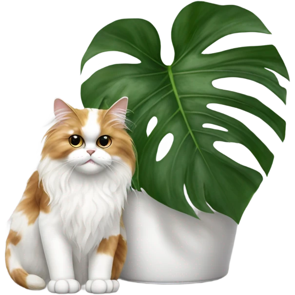 Calico persian cat beside monstera plant with 4 matured leaves in white pot emoji