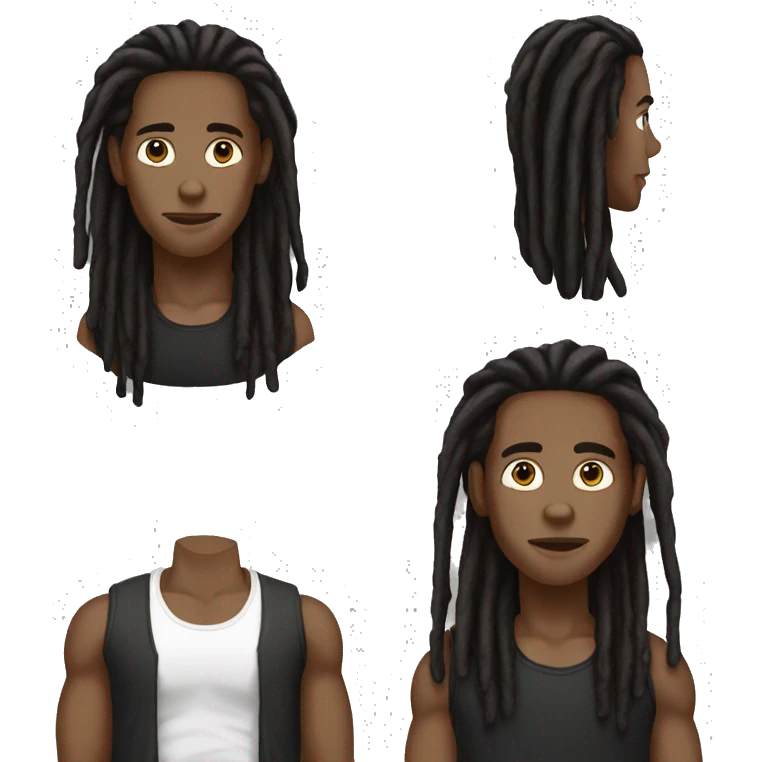 Light skinned black man with long dreads and black tank top standing looking straight emoji