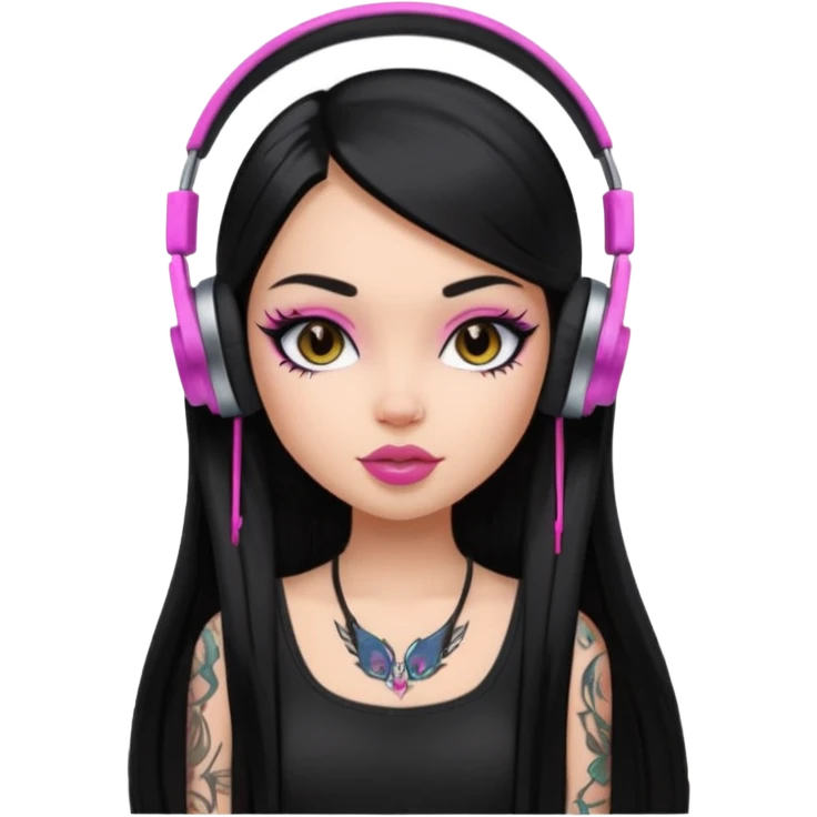 generate a pretty bratz girl with black long straight hair and headphones on, tattoo on shoulder, eyeliner on emoji