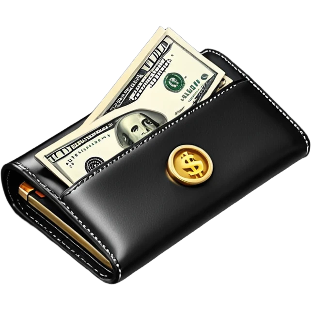 Rich emoji style black leather wallet with dollar bills, luxury money vibe, premium 3D emoji, ultra clean, high detail, no background
 emoji