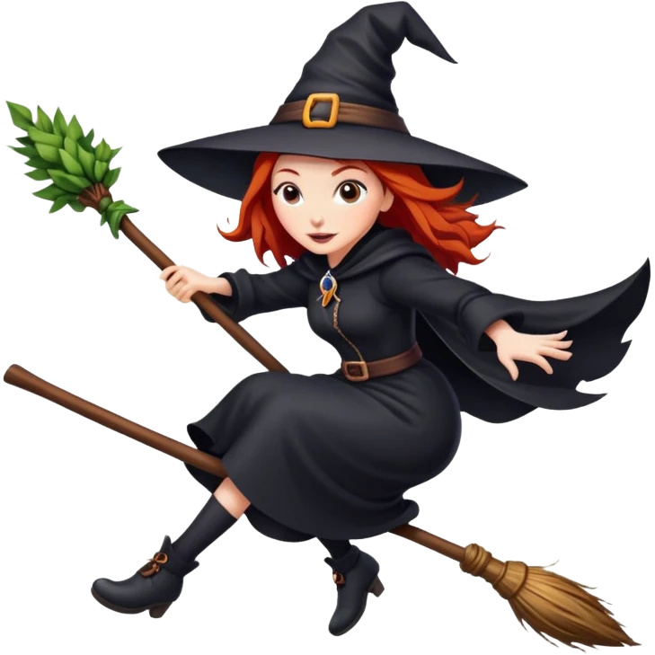 Red hair witch flying on a broom white skin emoji