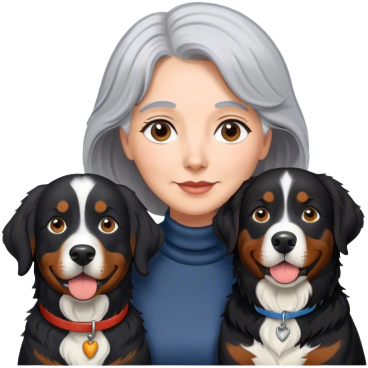 Gray hair Woman black lab with Bernese mountain dog emoji