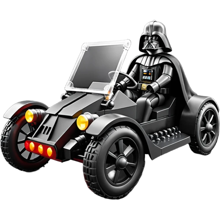 Mad max survival apocalypse ghostly sporty antique electric Darth Vader’s Batman-armored 1926 black graphite colored enclosed twin seat Lego town buggy with horizontal holographic 3d stars painted on the body sides and neon under glow  emoji