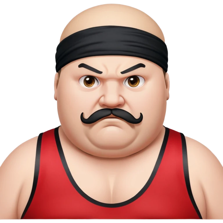 Extreme close-up of face of morbidly obese white skin guy with young face, prominent BLACK DURAG tied clearly on head, distinct black beard and mustache, black eyes in a red and black wrestling singlet with angry expression emoji