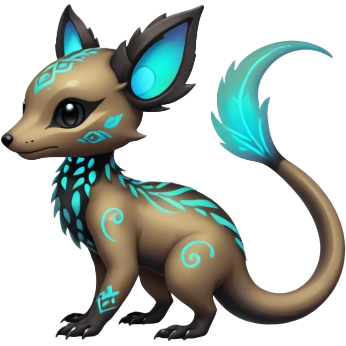 Rare futuristic bioluminescent iridescent neon glowing cute epic aesthetic gothic colorful Salandit-Eevee-Trico-Civet-species-Fakemon-hybrid-creature, with intricate tattoo markings, full body emoji