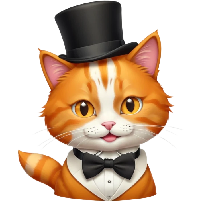 orange cat with top hat and bow tie, winking, playful expression emoji
