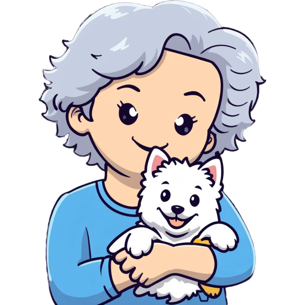 50-year-old woman with silver curly hair, smiling, with a Westie dog, cartoonish sticker emoji