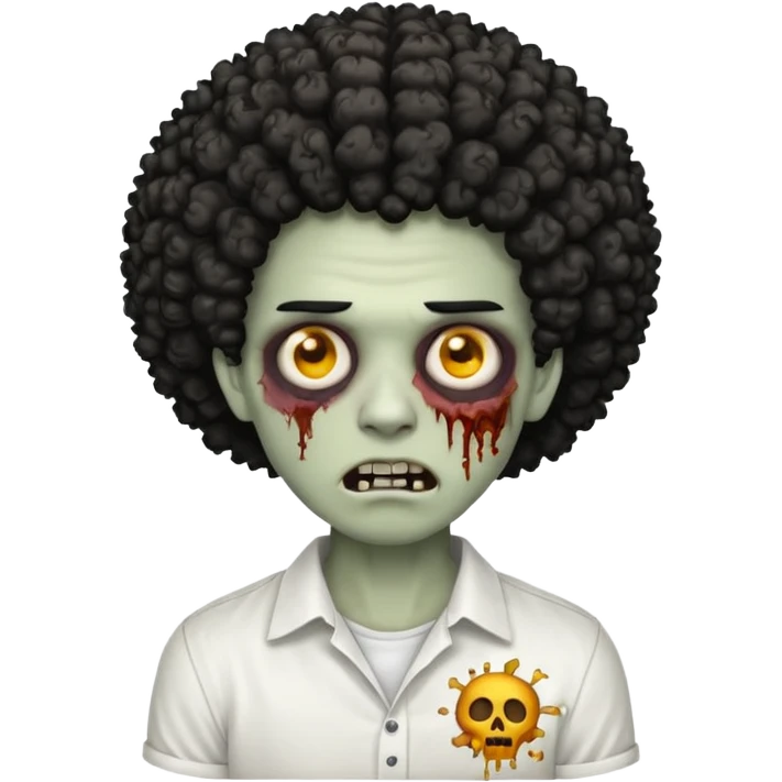 Make a image of a zombie with a curly temp fade Afro  make it like a emoticon not as scary make hair black and with a white shirt on emoji