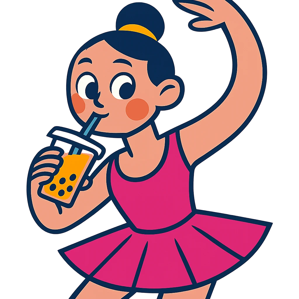 a ballerina drinking boba, fun and expressive style, vibrant toon style, playful and colorful emoji