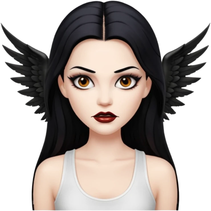 White woman with a white tank top long black hair glossy middle part long hair vamp look with fangs brown eyes eyeliner winged with lashes top and bottom white border big lips black eyebrows emoji