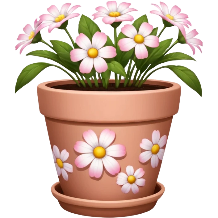 plant pot in terra cota with white and pink flowers print painted on the pot emoji