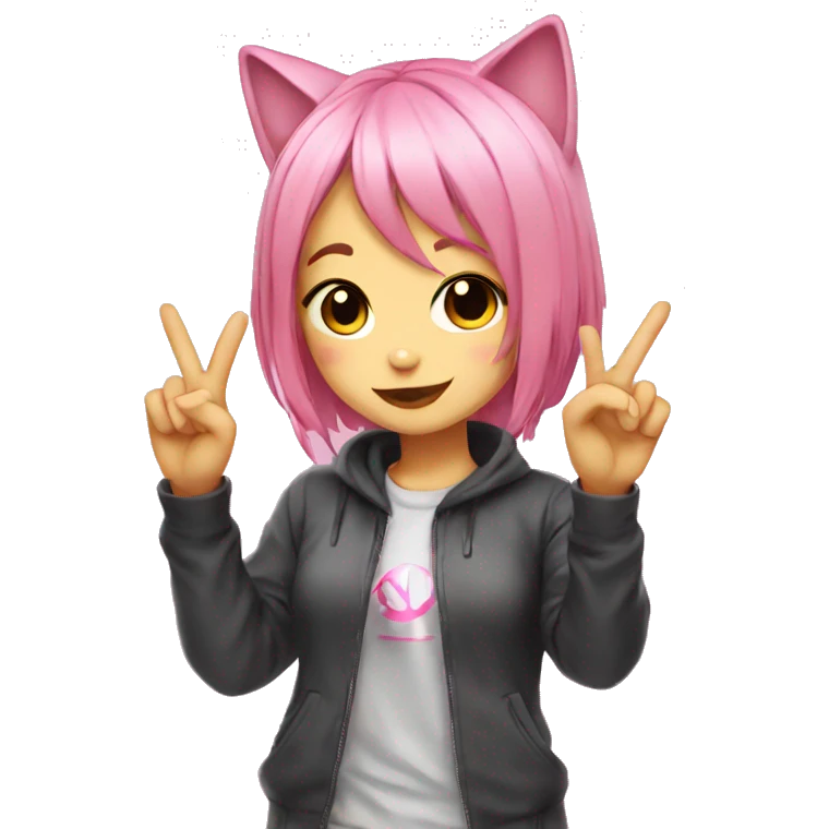 Anime cat girl pink hair giving peace sign emoji