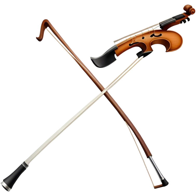 Create a detailed emoji representing a cello bow. The design should feature the elegant and slender shape of the bow, with visible intricate details like the fine wood texture, the metal ferrule, and the soft horsehair stretched tightly across it. Include subtle accents like the leather grip near the frog and delicate wooden finish. The bow should have a classic, polished look, with a touch of sophistication. Use warm wooden tones, silver, and black to highlight the craftsmanship of a professional cello bow. The background should be transparent. emoji