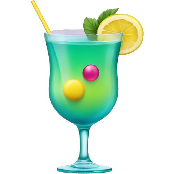 Bluish green cocktail with pink and yellow emoji