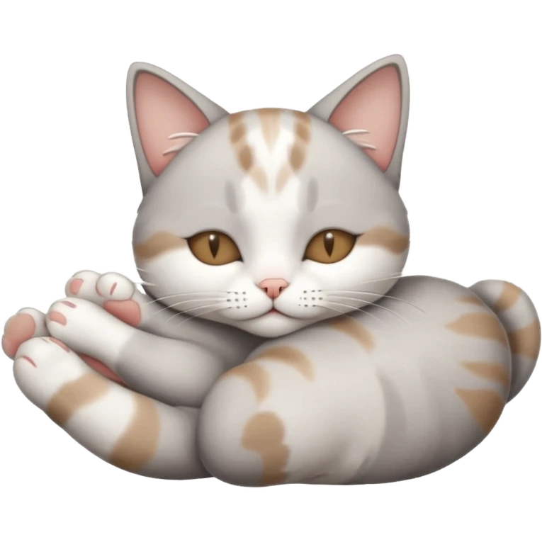 grey and white small cat with eyes closed lying down upside down with its paws/arms tightly covering its own face emoji