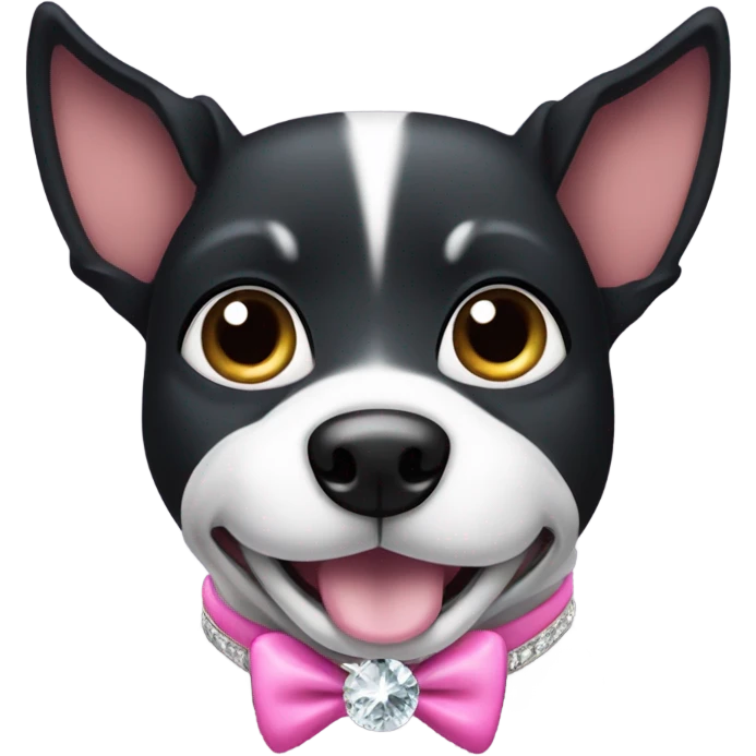 Black dog with a normal pink collar with diamonds on and pointy ears, make sure the dog has some white on its chest  emoji