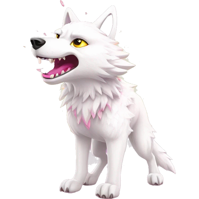 Sparkling crazy white snarling aggressive wolf dancing snow mad big eyes illustration doodle high contrast lightning bolt halo sun beams white pink yellow red party sparkle glitter emoji