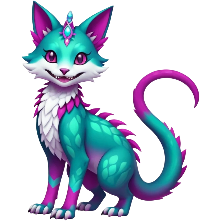 Kawaii colorful iridescent dark-turquoise-green and magenta and white beautiful pretty elegant divine edgy fantasy feline-vernid-sergal-Fakémon-Pokémon-fursona-animal-creature with accessories, full body, with intricate detailed markings emoji