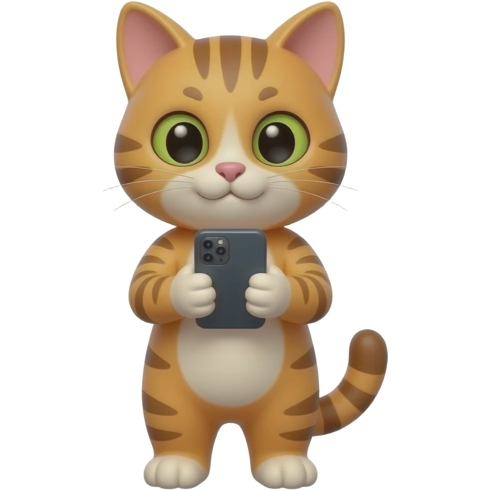 Glossy 3D rendered realistic cat emoji standing upright on two legs, detailed fur and features, front-facing, holding and looking at a smartphone, slightly rounded edges, soft shading, white background emoji