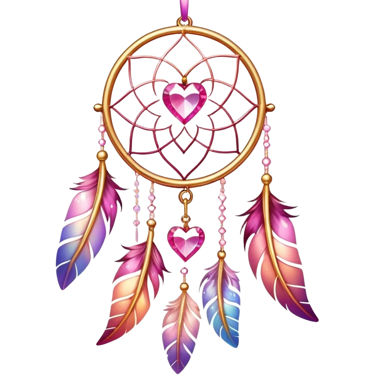 Reddish-pinkish and golden warm-colored romantic lush beautiful pretty hanging crystal-catcher aesthetic with hearts and sparkles and feathers emoji