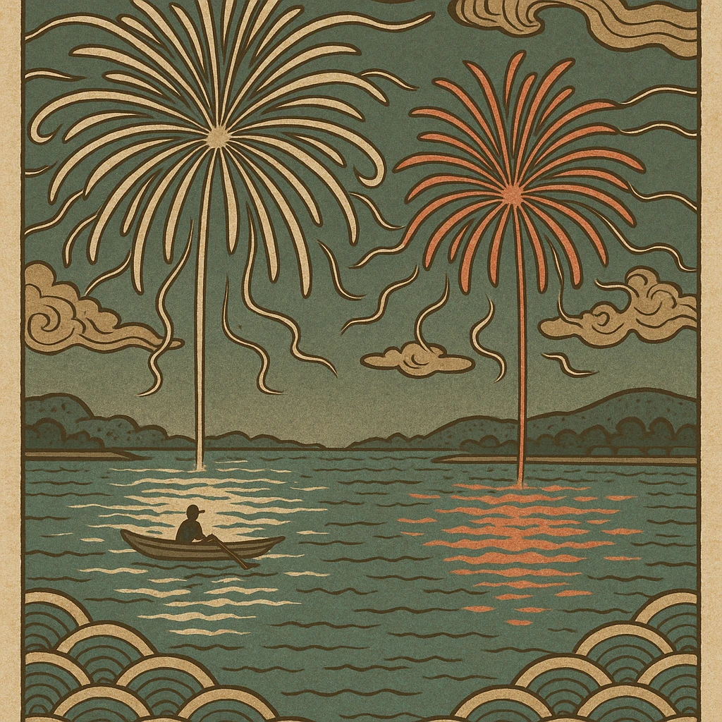 ukiyo-e inspired fireworks over water in traditional Japanese style emoji