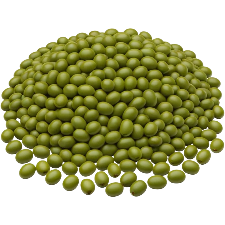 mung beans, scatter or mound, whole, oval, glossy, earthy green, brown undertones, smooth, firm, size and tone variation, no bowl, sprouts, packaging, or faces, clean 3D, soft shadows, transparent background, emoji scale emoji
