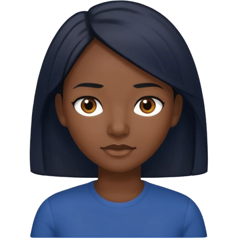 Una donna con una maglietta a mezze maniche blu scuro,capelli lisci  e lunghi e mori occhi marroni emoji