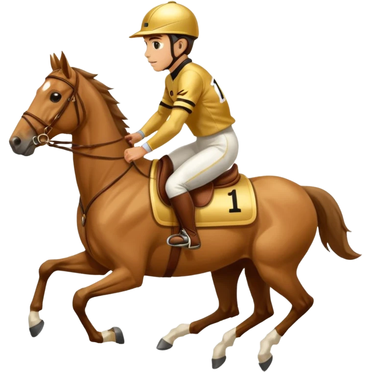 a jockey riding a running horse gold jersey and saddle number 1 emoji