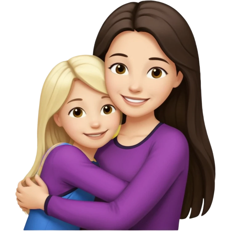A beautiful mother with long dark brown hair hugging her cute 12yr old blonde hair daughter super happy emoji
