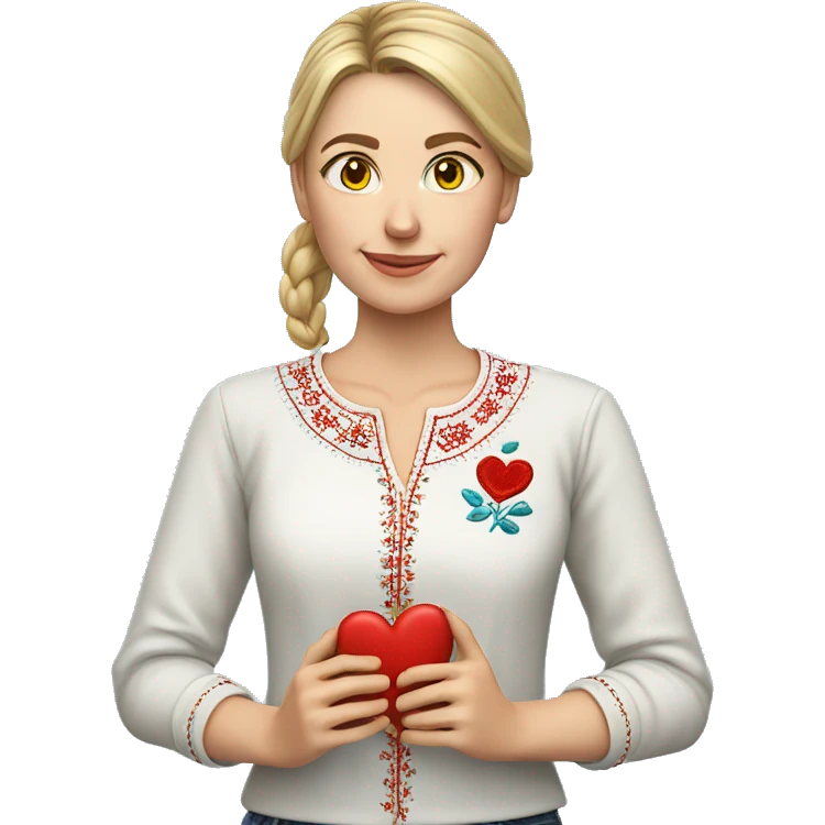 A Ukrainian teacher in an embroidered shirt holds a heart in her hands emoji