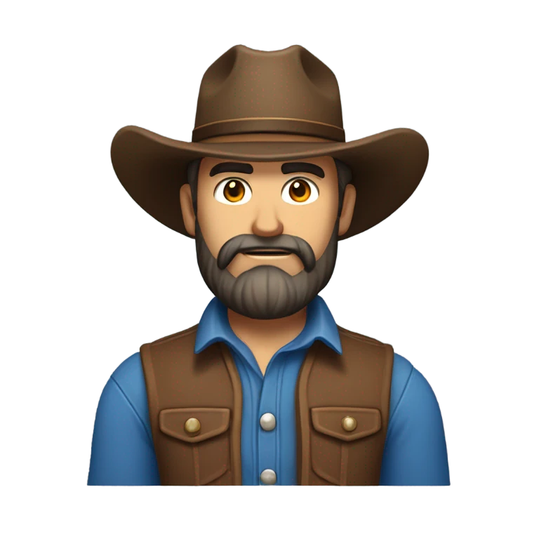 a rugged cowboy with a thick beard, wearing a blue vest over a classic western shirt. He should have a confident stance, showing full torso emoji