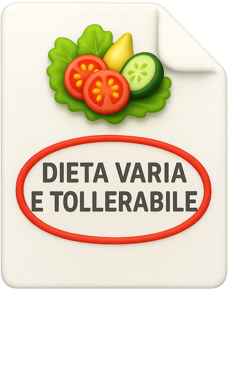 emoji stile iphone di un foglio con un insalata disegnata sopra e la scritta "DIETA VARIA E TOLLERABILE" CERCHIATA IN ROSSO, iperrealistico 4k, isolato su sfondo bianco emoji