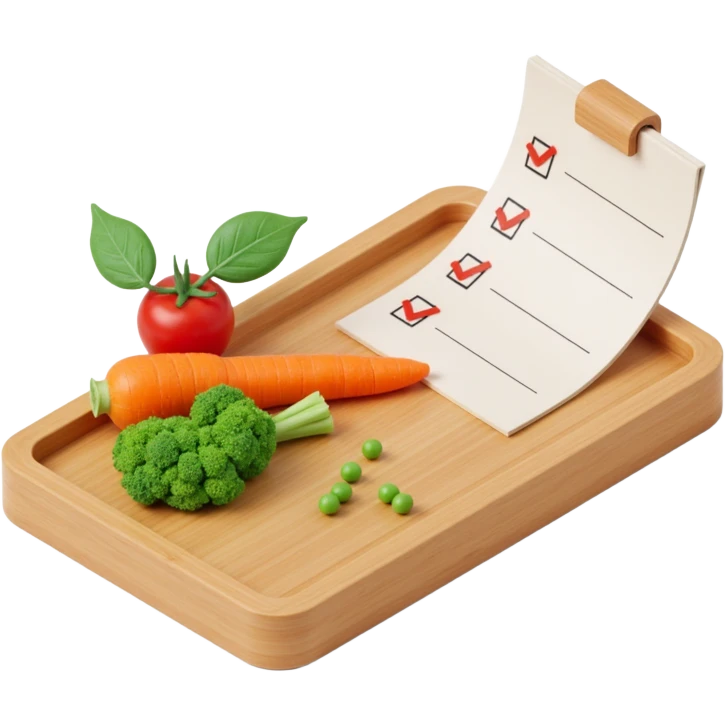 "3D isometric illustration of a wooden cutting board with fresh vegetables (carrot, broccoli, tomato, peas), a paper grocery list with checkboxes, soft lighting, realistic textures, floating shadows, minimalistic style, dark background, modern food planning app aesthetic emoji