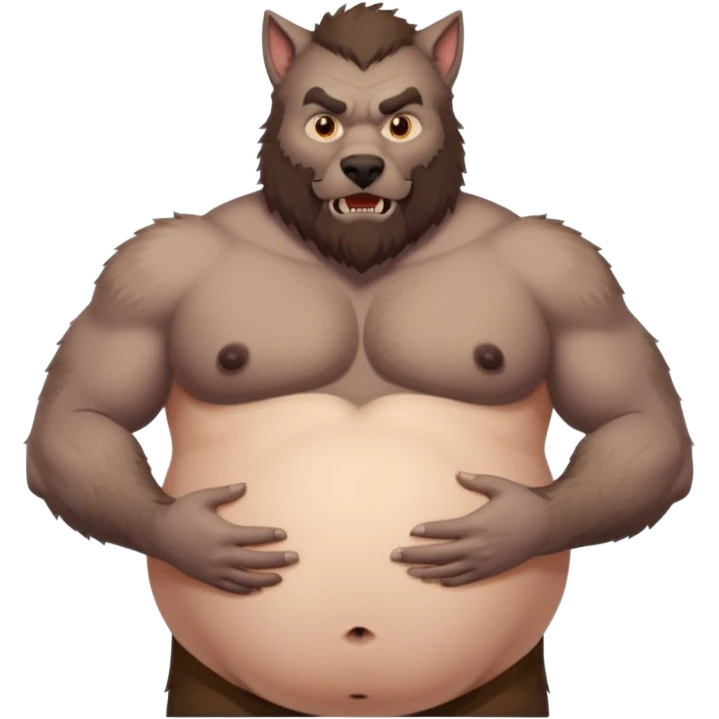 A shirtless pregnant burly male werewolf holding his pregnant belly, he has plump moobs and lactating nipples  emoji