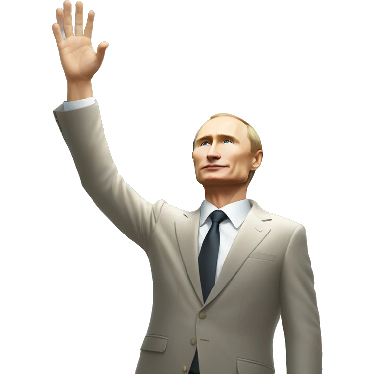 Putin stands with his right hand raised towards the sun emoji